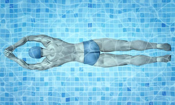 Healthy lifestyle. Fit swimmer training in the swimming pool. Professional male swimmer inside swimming pool. Texture of water surface. Pool water. Overhead view. Vector illustration background. - Vector, Image