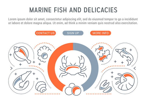 Website Banner und Landing Page von Meeresfischen und Delikatessen. - Vektor, Bild
