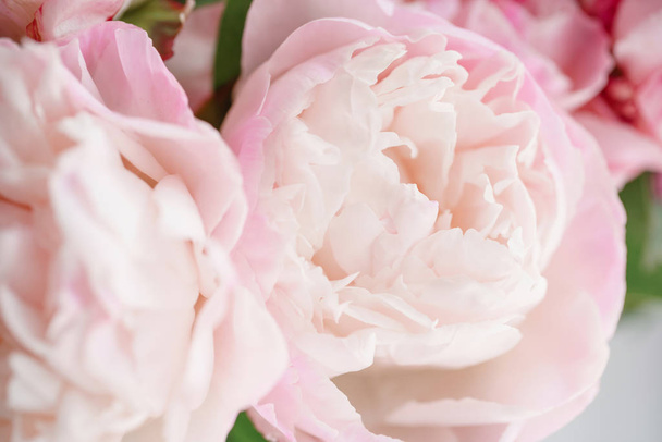 Üveg váza szép virágok. Gyönyörű csokor fehér és rózsaszín pünkösdi rózsa. Virág kompozíció, napfény. Nyári háttérkép. Pasztell színek - Fotó, kép