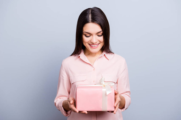 Portrait of glad, charming pretty, trendy woman having gift box  - Φωτογραφία, εικόνα