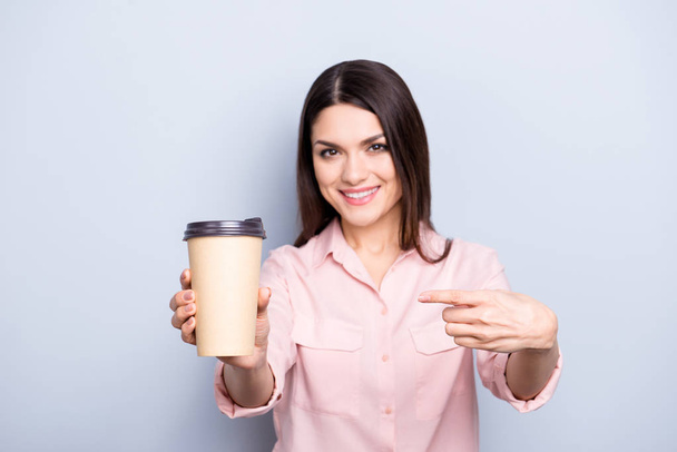 Portrait of pretty, charming, positive woman having mug with tea - Foto, Bild