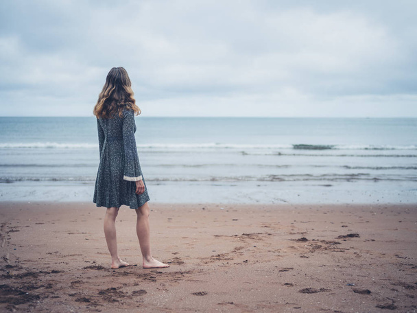 Woman in dress admiring the ocean - Фото, зображення