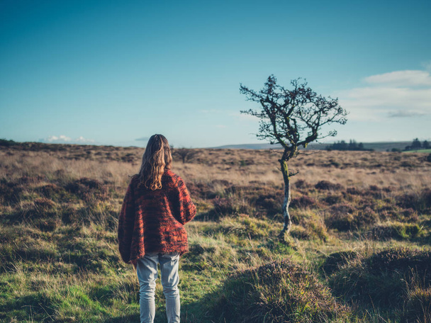 Woman standing by tree in desolate wilderness - Valokuva, kuva