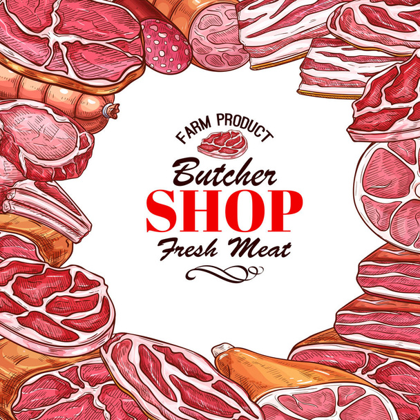 Vector sketch meat sausages butcher products icons - Vector, Image