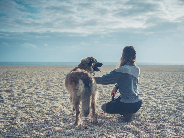 Young woman sitting on beach with big dog - Фото, изображение