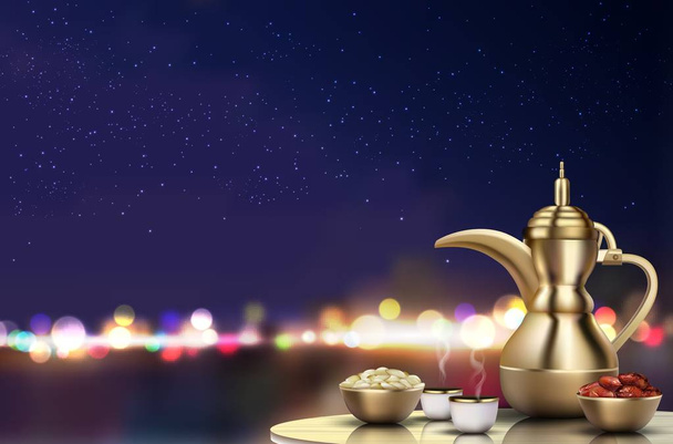 Vector illustration of Ramadan Kareem Iftar party celebration. Traditional teapot with bowl, cups and dates on dinner table - Vektor, Bild
