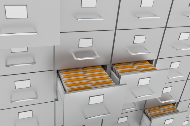 Filing cabinet with yellow folders in an open drawers - Photo, Image