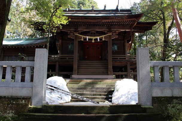 Translation: "Oyama Shrine". It was covered by light snow - Photo, image