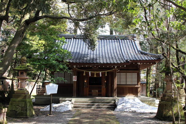 Translation: "Oyama Shrine". It was covered by light snow - Photo, image