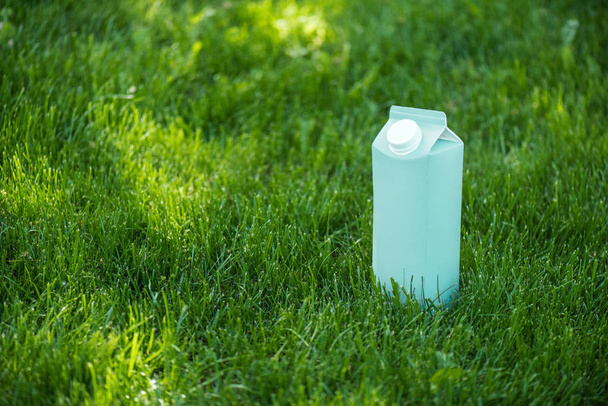 close up view of blank blue milk package on green lawn - Foto, Imagen