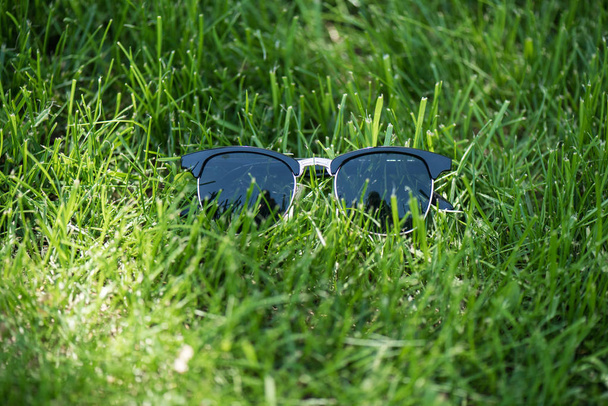 close up view of stylish sunglasses on green grass - Foto, afbeelding