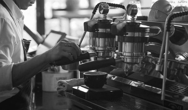 barista make coffee latte art with coffee espresso machine in co - Фото, изображение
