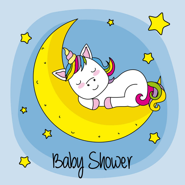 Baby shower card. unicorn sleeping on a moon - Vektori, kuva