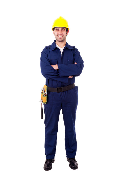 Full lenght portrait of a smiling young builder, isolated on whi - Foto, Bild