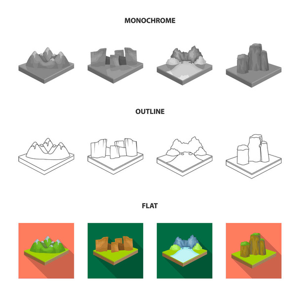 Mountains, rocks and landscape. Relief and mountains set collection icons in flat,outline,monochrome style isometric vector symbol stock illustration web. - Вектор, зображення