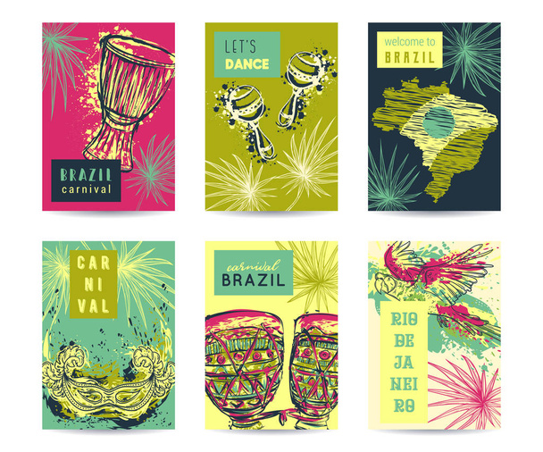Brasil design modelo de carnaval para cartazes, banners, folhetos, cartazes, brochuras. Tambores tam tam tam, maracas, mapa do brasil, papagaio, máscara e folhas de palma. Símbolos tradicionais definidos. Ilustração vetorial
  - Vetor, Imagem