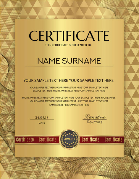 Certificate with gold background and guilloche pattern. Design template with geometric triangle shapes. Background useful for Diploma, business education award - Vector, Image
