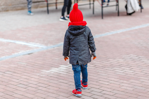 Niño lindo en abrigo de moda y sombrero vista trasera
 - Foto, Imagen