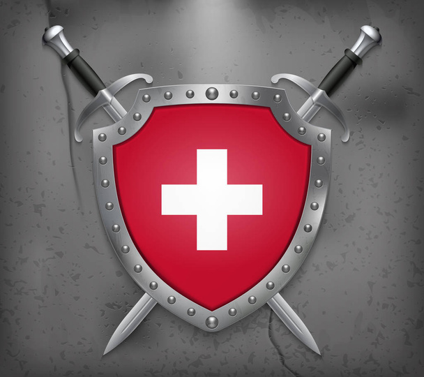 Flag of Switzerland. The Shield with National Flag. Two Crossed  - Вектор, зображення