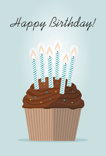 Cupcake with candle on lblue background. Happy Birthday vector Illustration - Vector, Image