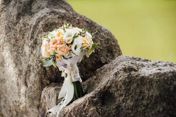 Wedding bouquet with spring flowers outdoor  - Photo, Image