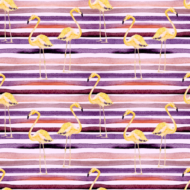 Summer Beach Background. Watercolor Seamless Pattern. Hand Painted Tropic Summer Motif with Flamingo and Stripe - Φωτογραφία, εικόνα