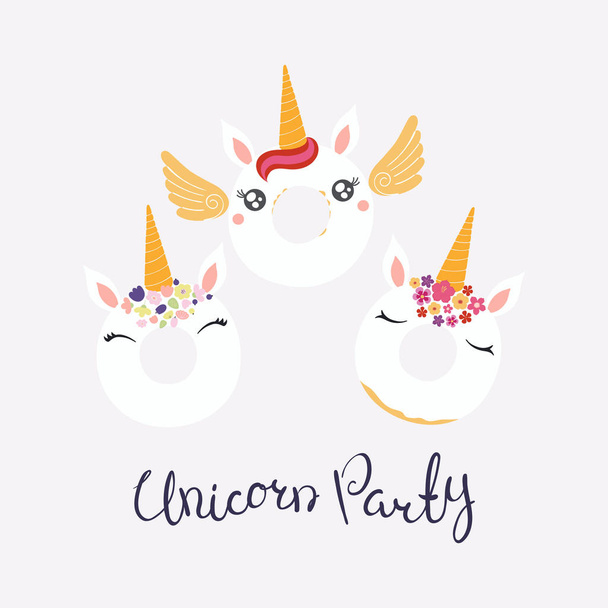 Set di simpatiche ciambelle divertenti con facce di unicorno e citazione lettering Festa dell'unicorno, vettore, illustrazione
  - Vettoriali, immagini