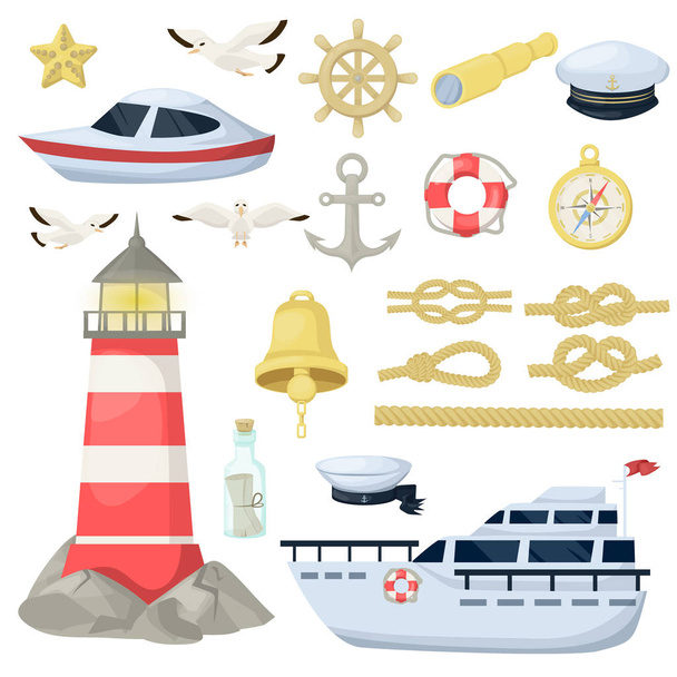 Barcos da marinha náutica, âncora, roda marinha e oceano elementos de design tema definido para chuveiros de bebê, aniversários, convites ilustração vetorial
. - Vetor, Imagem