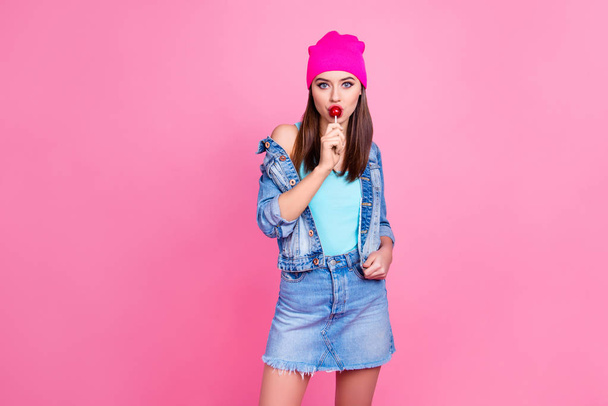 Attractive cool trendy charming girl wearing denim casual shabby - Photo, Image