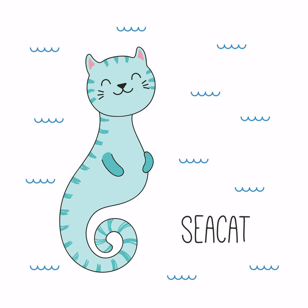 Ilustración vectorial dibujada a mano de un kawaii divertido gato caballito de mar nadando en el mar, concepto de diseño para niños imprimir
 - Vector, Imagen