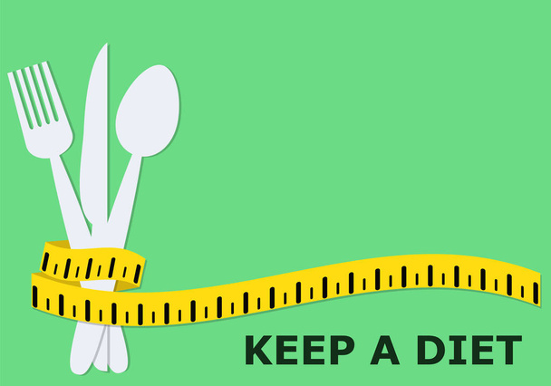 dieta y saludable comer cartel concepto con tenedor, cuchillo, cuchara
,  - Vector, Imagen
