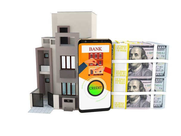 Concepto de crédito en dólares para comprar casa 3d renderizador en respaldo blanco
 - Foto, imagen