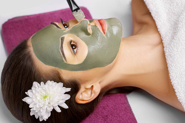 Woman with clay facial mask   in beauty spa. Skincare. Beauty Co - Fotoğraf, Görsel