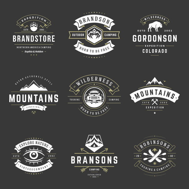 Camping logos templates vector design elements and silhouettes set, Outdoor adventure mountains and forest expeditions, vintage style emblems and badges retro illustration. - Vektori, kuva