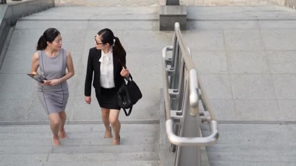 Una squadra di donne d'affari che camminano sulle scale. Uomini d'affari che fanno conversazione sulle scale fuori dal business building
. - Filmati, video