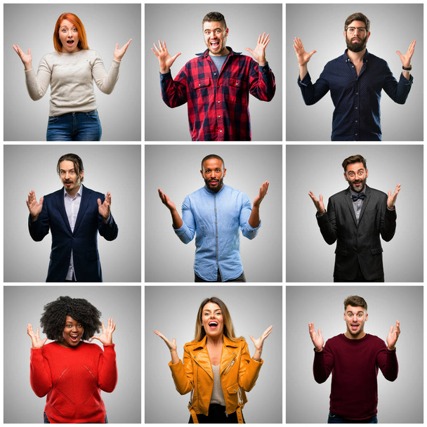 Groep van gemengde mensen, vrouwen en mannen blij en verrast juichen waarin wow gebaar - Foto, afbeelding
