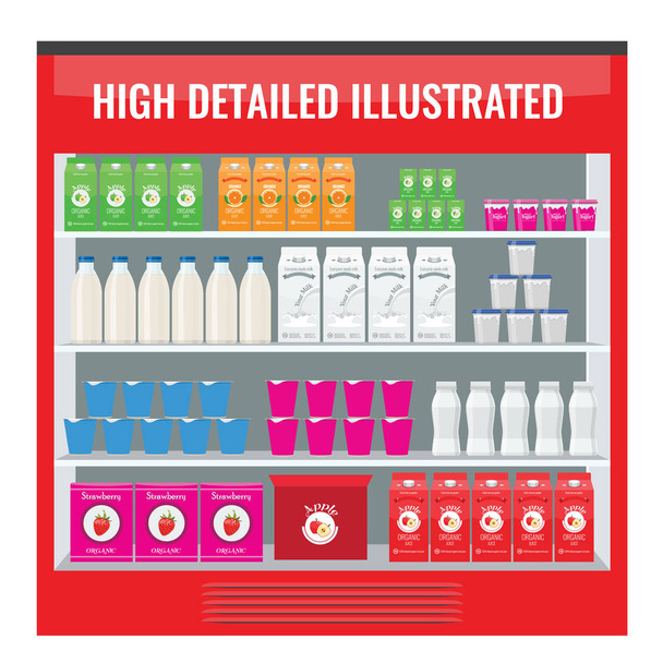 Refrigerated supermarket display case full with multiple drinks and beverages. Illustrated vector for your Mockup design. - Vector, Image