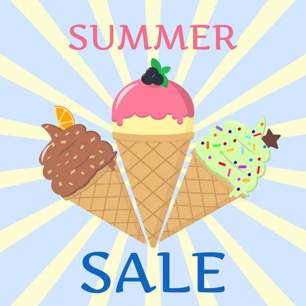 Three sweet ice cream on the background of the rays. Summer sale. - ベクター画像