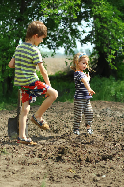 Niños ayudando a plantar papas en el huerto
 - Foto, Imagen