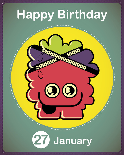 Happy birthday card with cute cartoon monster, vector - Вектор, зображення