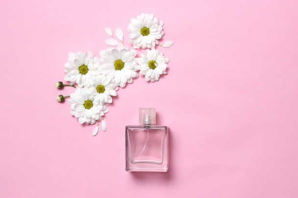 ένα μπουκάλι του αρώματος σε παστέλ φόντο και μια ρύθμιση λουλουδιών στο στυλ του μινιμαλισμού. Το top view. λουλουδένιο άρωμα. Επίπεδη θέσει - Φωτογραφία, εικόνα