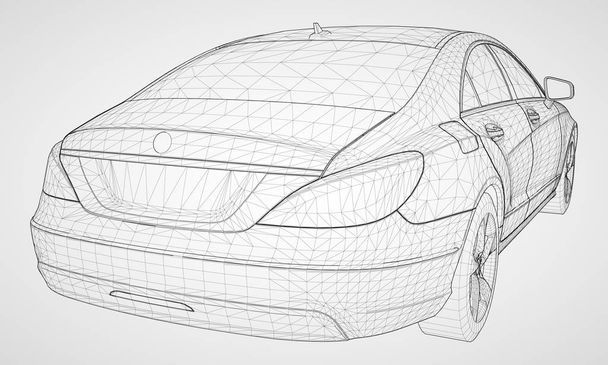 Het model sport een premium sedan. Vectorillustratie in de vorm van een zwarte veelhoekige driehoekige raster op een grijze achtergrond. - Vector, afbeelding