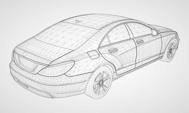 Model sportovní prémiový sedan. Vektorové ilustrace v podobě černé polygonální trojúhelníkové mřížky na šedém pozadí. - Vektor, obrázek