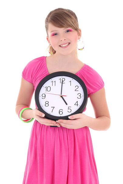 Retrato de niña adolescente hermosa con reloj aislado sobre Pentecostés - Foto, Imagen