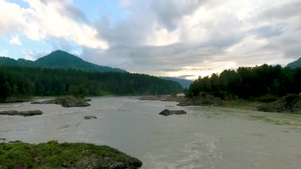 Aerial view of the Katun River and hills during sunset after rain. The Republic of Altai, Russia - Footage, Video