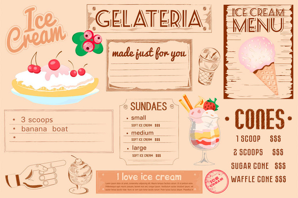 One-page placemat of ice cream menu for cafes and restaurants - Vecteur, image
