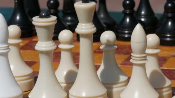 Черно-белые шахматы стоят на доске, на улице
 - Кадры, видео