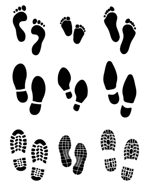 Black prints of human feet and shoes on a white background - Vector, Image