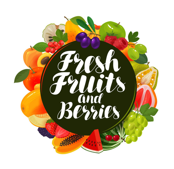 Fresh fruits and berries, banner. Natural food, greengrocery concept. Vector illustration - Vektor, kép