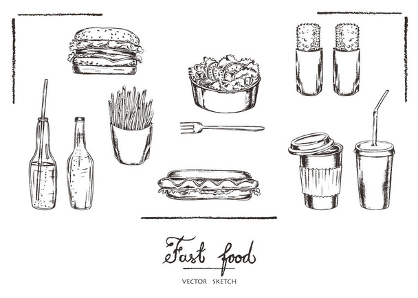 Ilustração vetorial. Desenho vetorial de estilo giz. Conjunto de fast food: hambúrguer, batatas fritas, cachorro-quente, salada, rissóis, garrafas de refrigerante e xícara de café
. - Vetor, Imagem